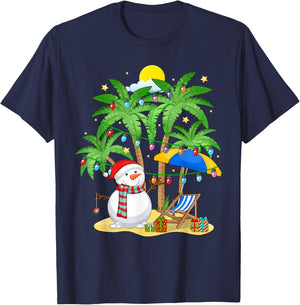 Christmas in July Snowman on Palm Tree Tropical Beach T-Shirt - T-Shirt | Navy