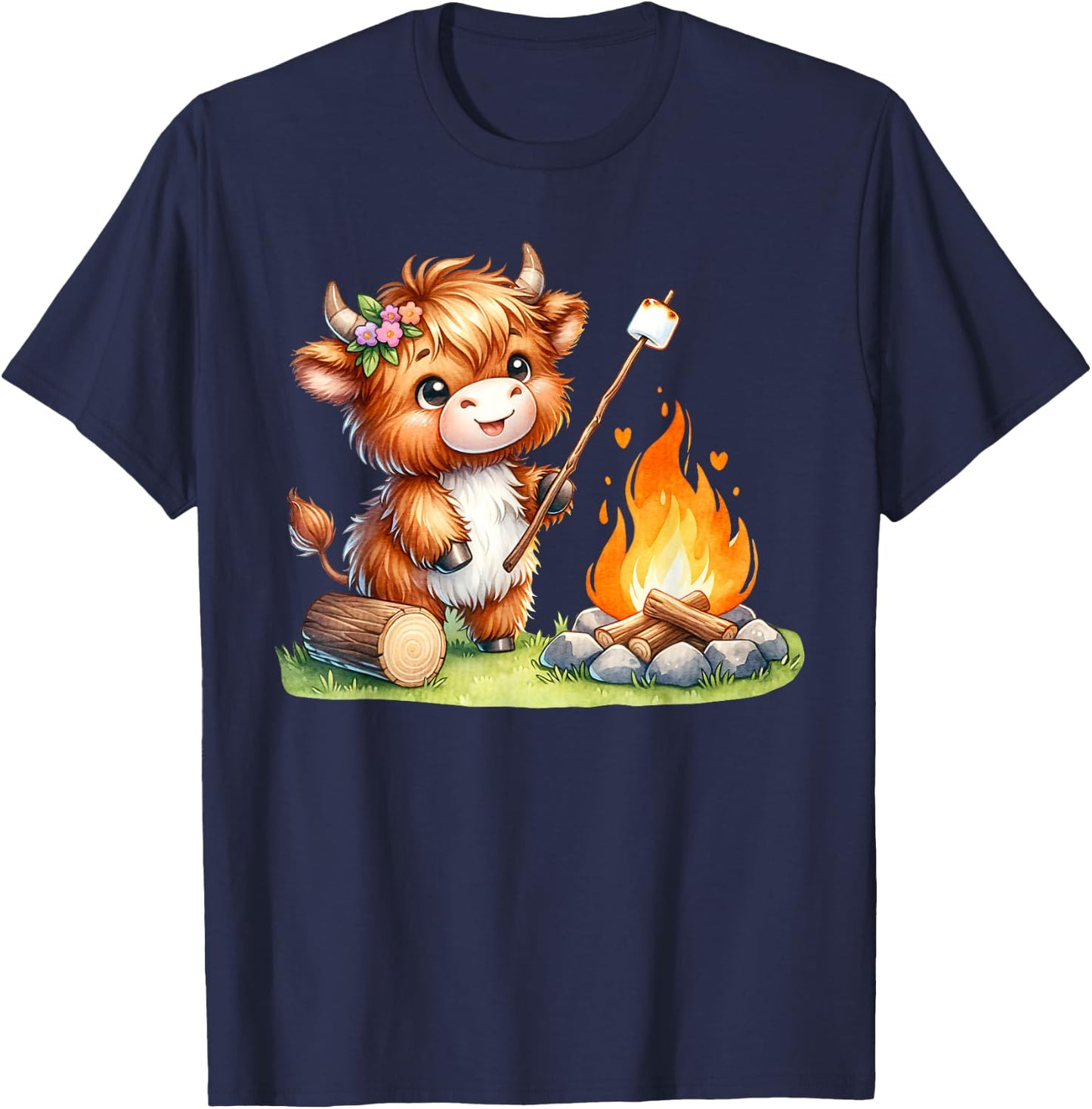 Cute Highland Cow Camping Roasting Marshmallows T-Shirt - T-Shirt | Navy