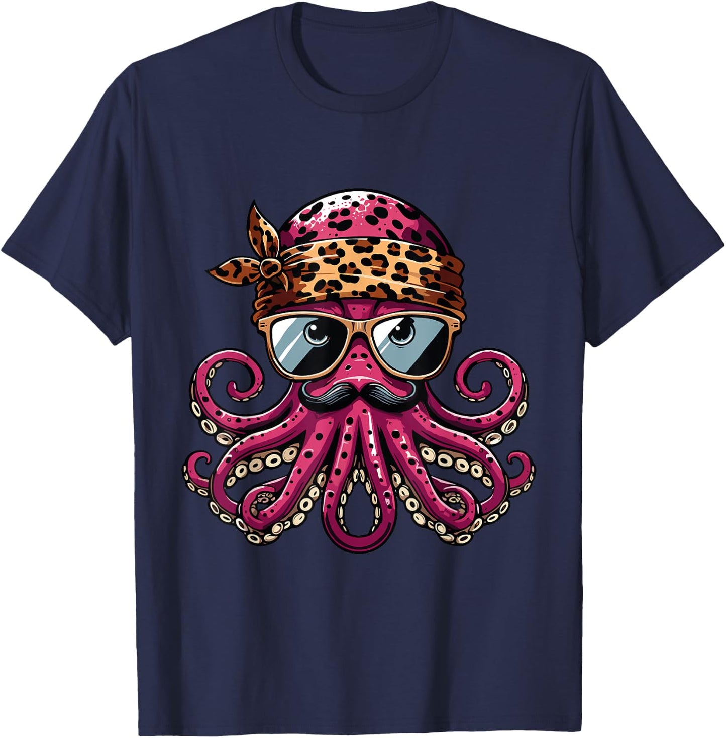 Octopus Wearing Leopard Print Scarf Cute Sunglasses Shades T-Shirt - T-Shirt | Navy