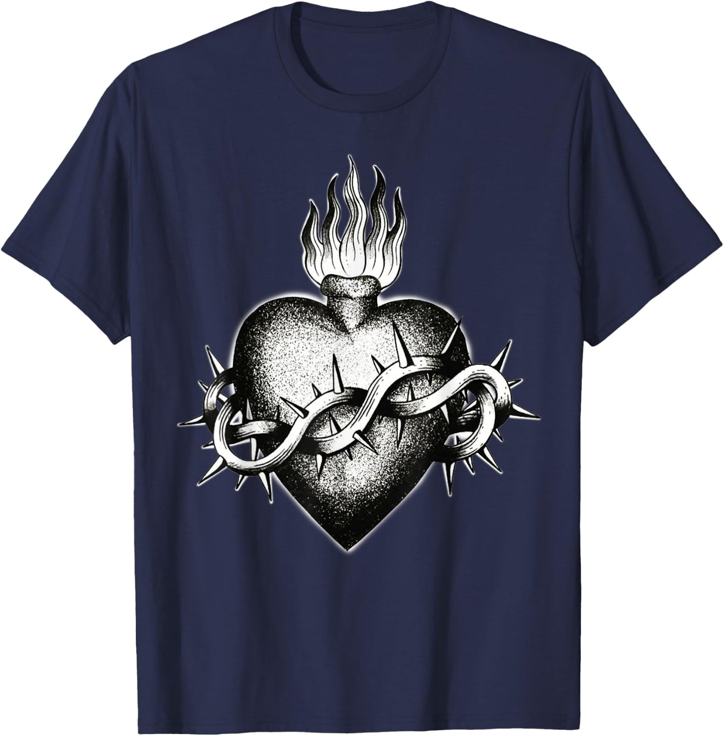 Sacred Flaming Heart Blackwork Tattoo Flash , Black, S T-Shirt - T-Shirt | Navy