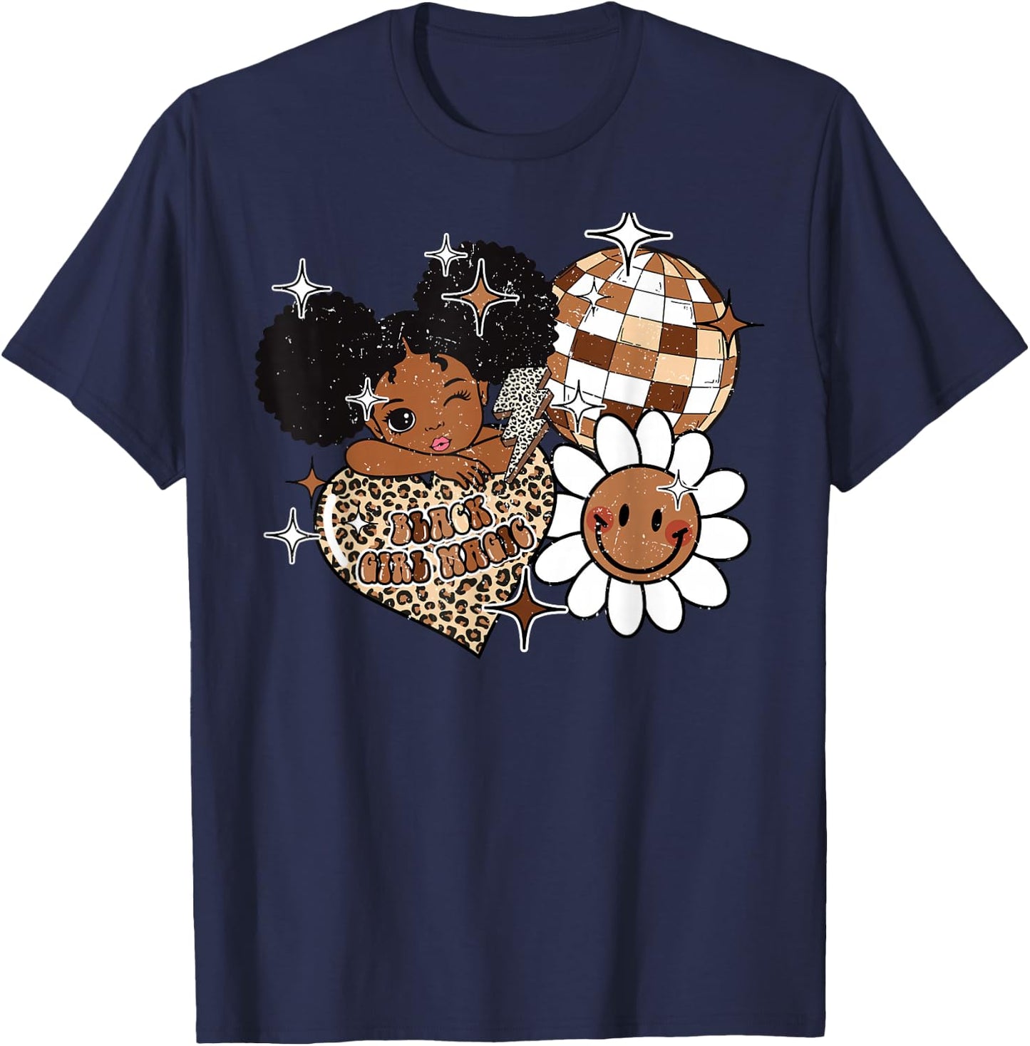 Kids Black Girl Magic Melanin History Girls Afro Puffs Retro T-Shirt - T-Shirt | Navy