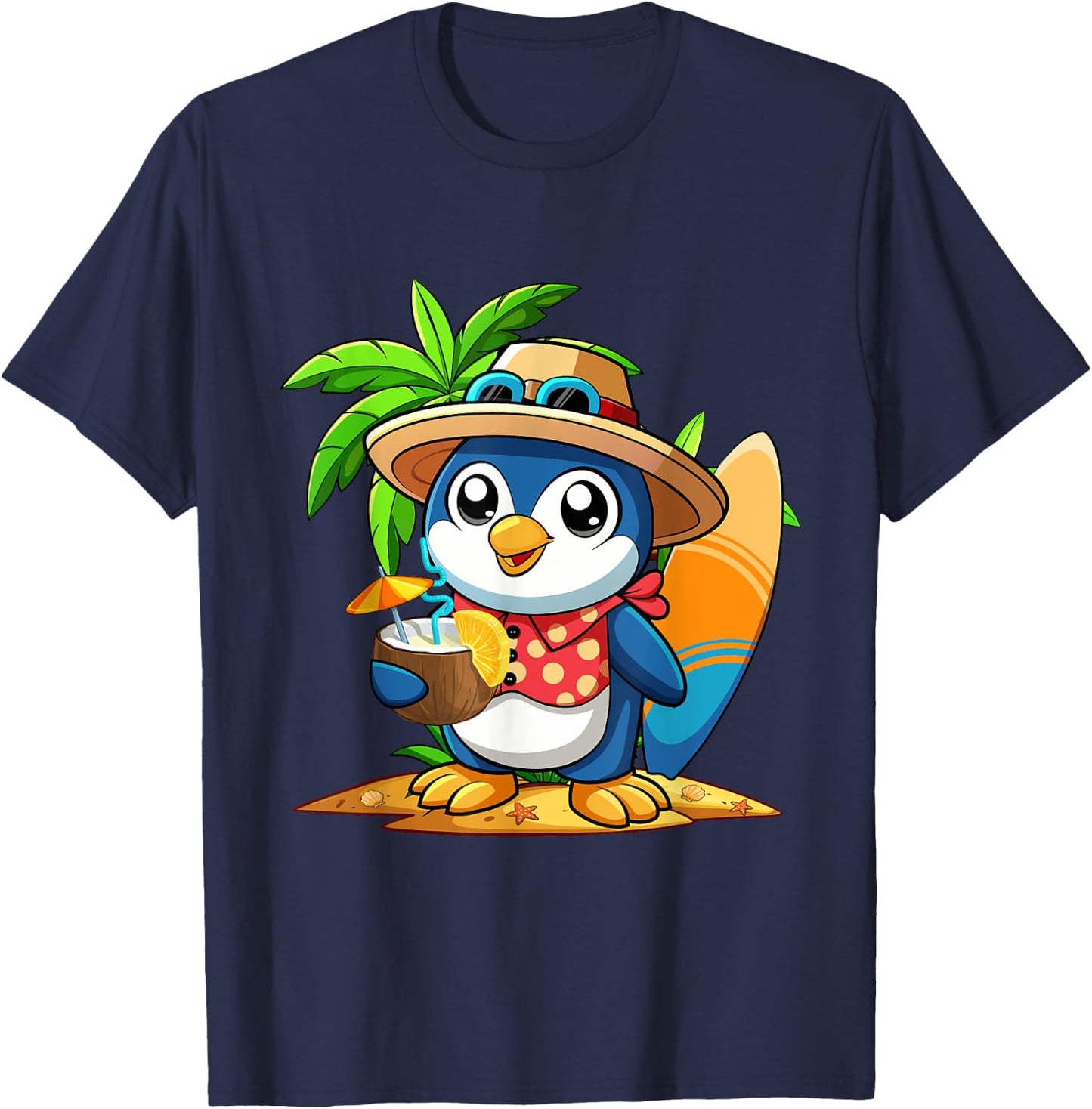 Cute Penguin Drinking Coconut Hawaiian Summer Vacation Men Women Kids T-Shirt - T-Shirt | Navy