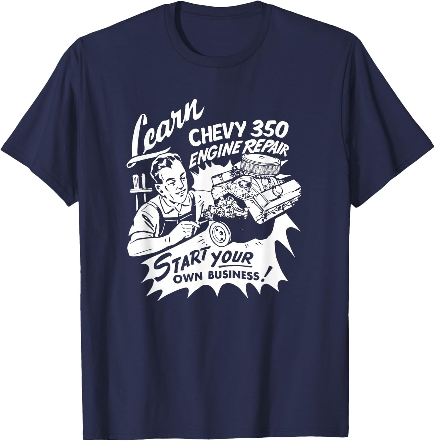 The Dirty Floor Mat Design Co -Adults Retro Car Engine Repair , Black, Small T-Shirt - T-Shirt | Navy