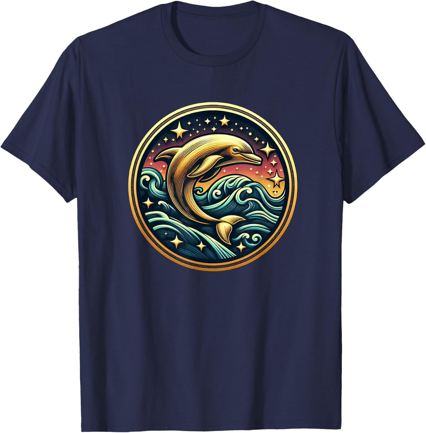 Gold Galaxy Dolphin Sea Life Star Gazing Ocean Animals T-Shirt - T-Shirt | Navy