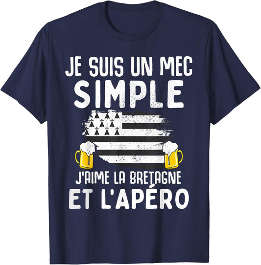 Simple guy I love Brittany and aperitif funny man Breton , Black, S T-Shirt - T-Shirt | Navy