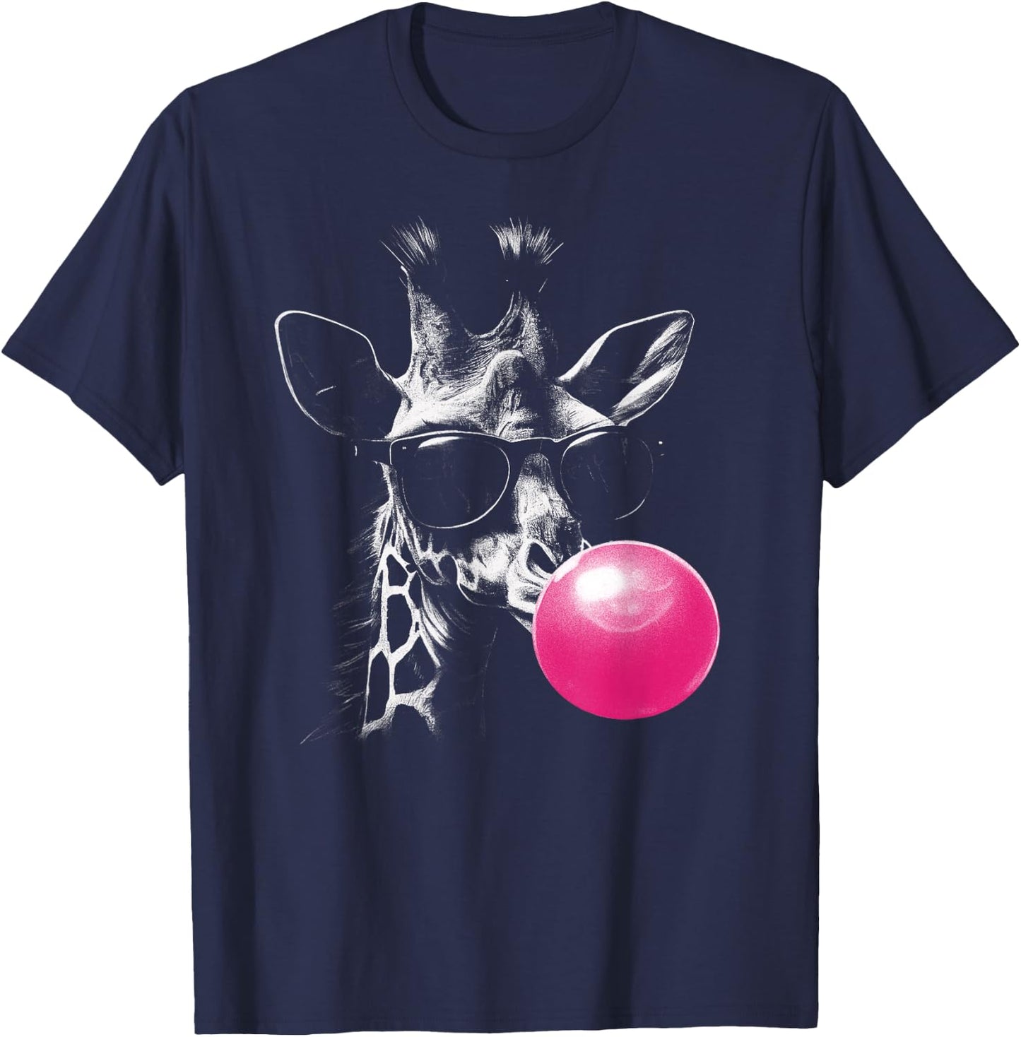 Giraffe with Pink Bubblegum and Sunglasses , black T-Shirt - T-Shirt | Navy