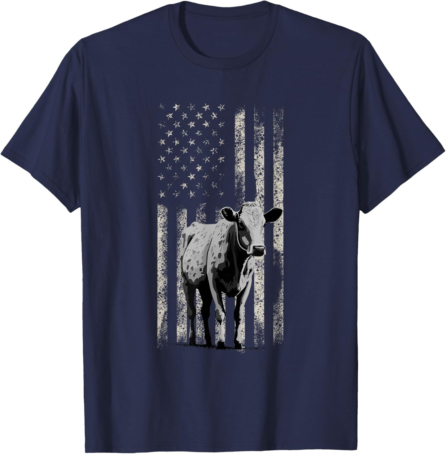 Distressed American-Flag Cow Vintage Patriotic Farmer T-Shirt - T-Shirt | Navy