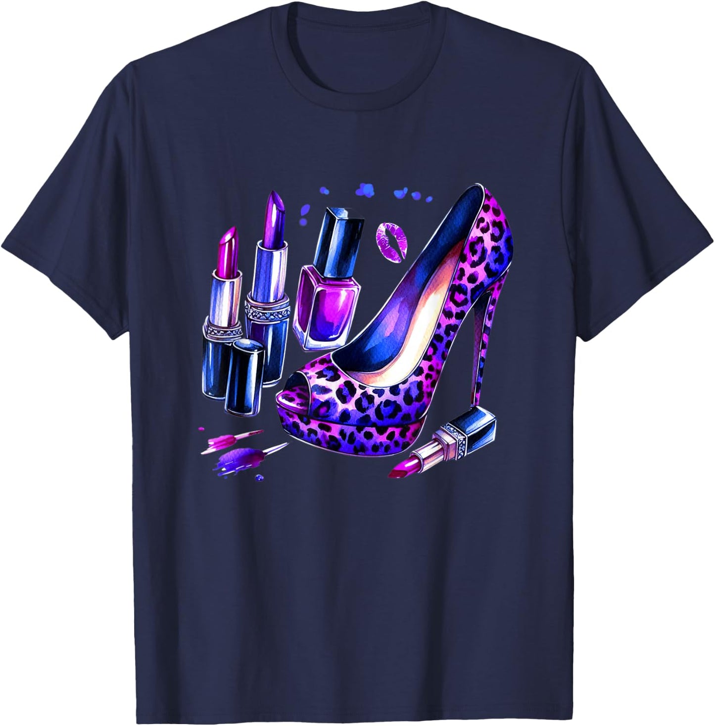 Purple Leopard Pattern High Heel Shoes Lipstick Nail Polish T-Shirt - T-Shirt | Navy