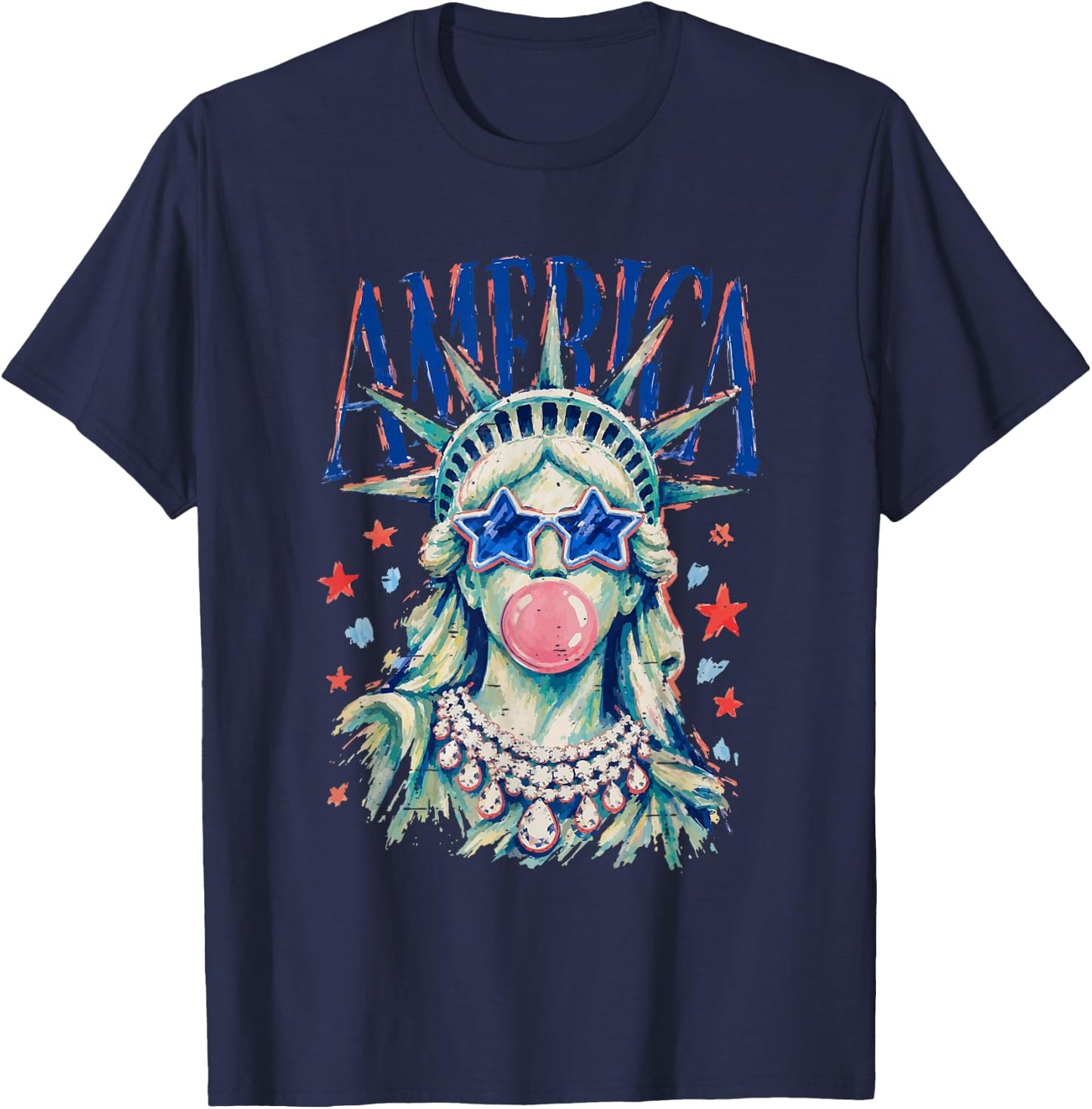Vintage Statue of Liberty Blowing Bubble America 4th of July T-Shirt - T-Shirt | Navy
