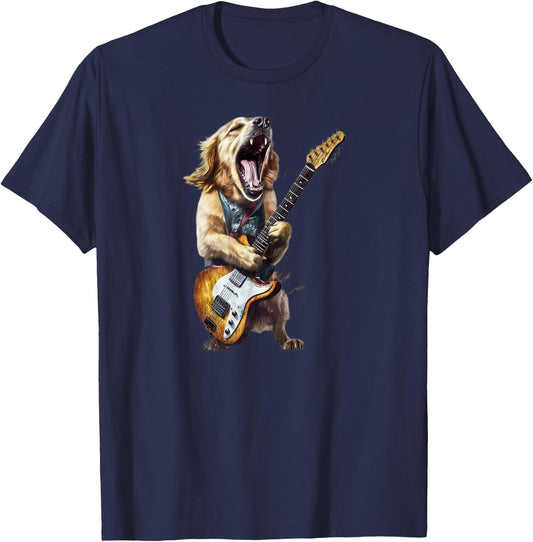 Golden Retriever Dog Playing On Electric Guitar T-Shirt - T-Shirt | Navy