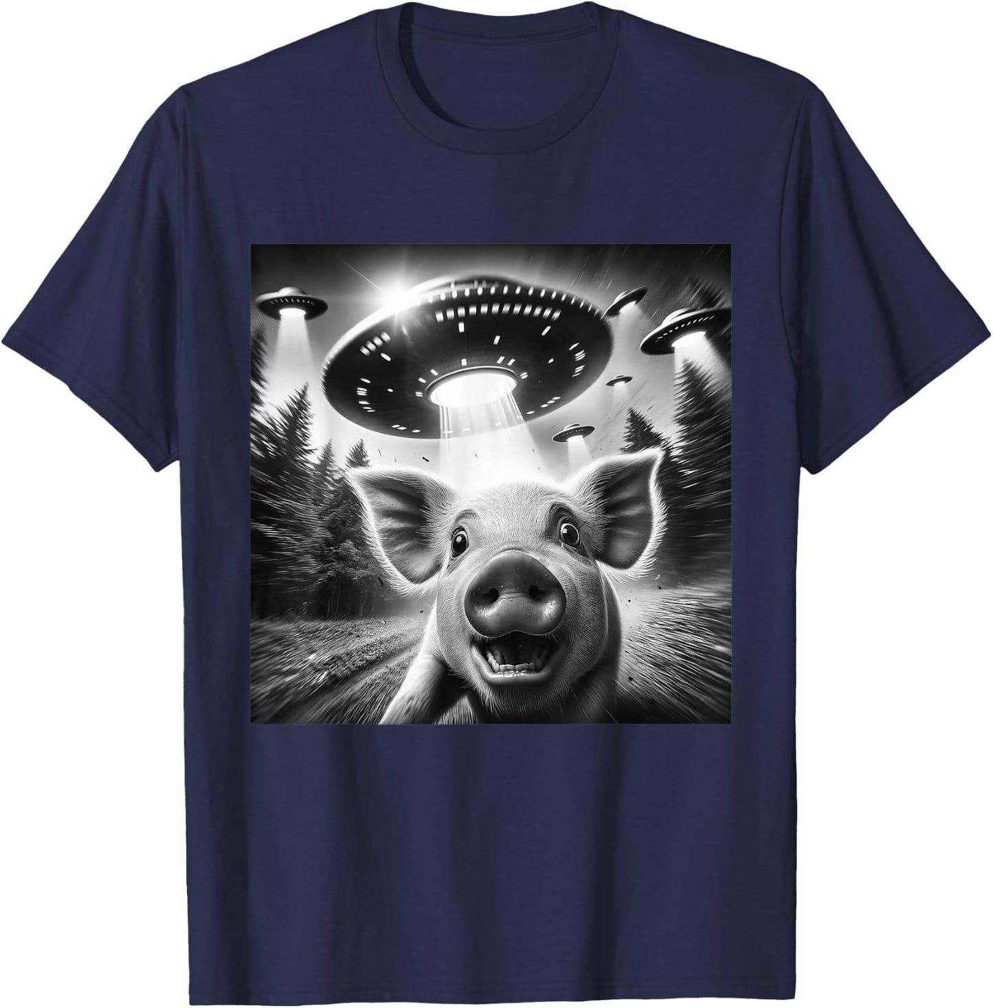 Funny Pig UFO Alien Pig Graphic Men Women T-Shirt - T-Shirt | Navy
