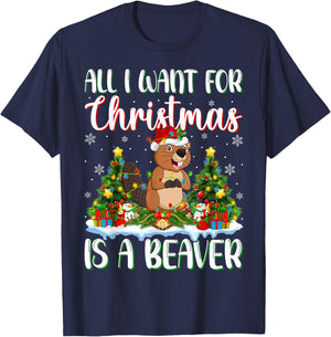 I Want For Christmas Is A Beaver Xmas Tree Lights T-Shirt - T-Shirt | Navy