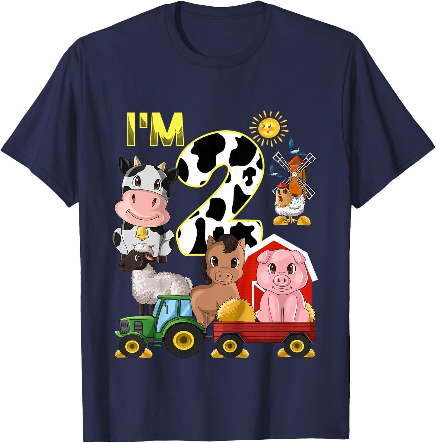 Kids Farm Animals Tractor 2nd Birthday 2 Year Old Birthday Party T-Shirt - T-Shirt | Navy