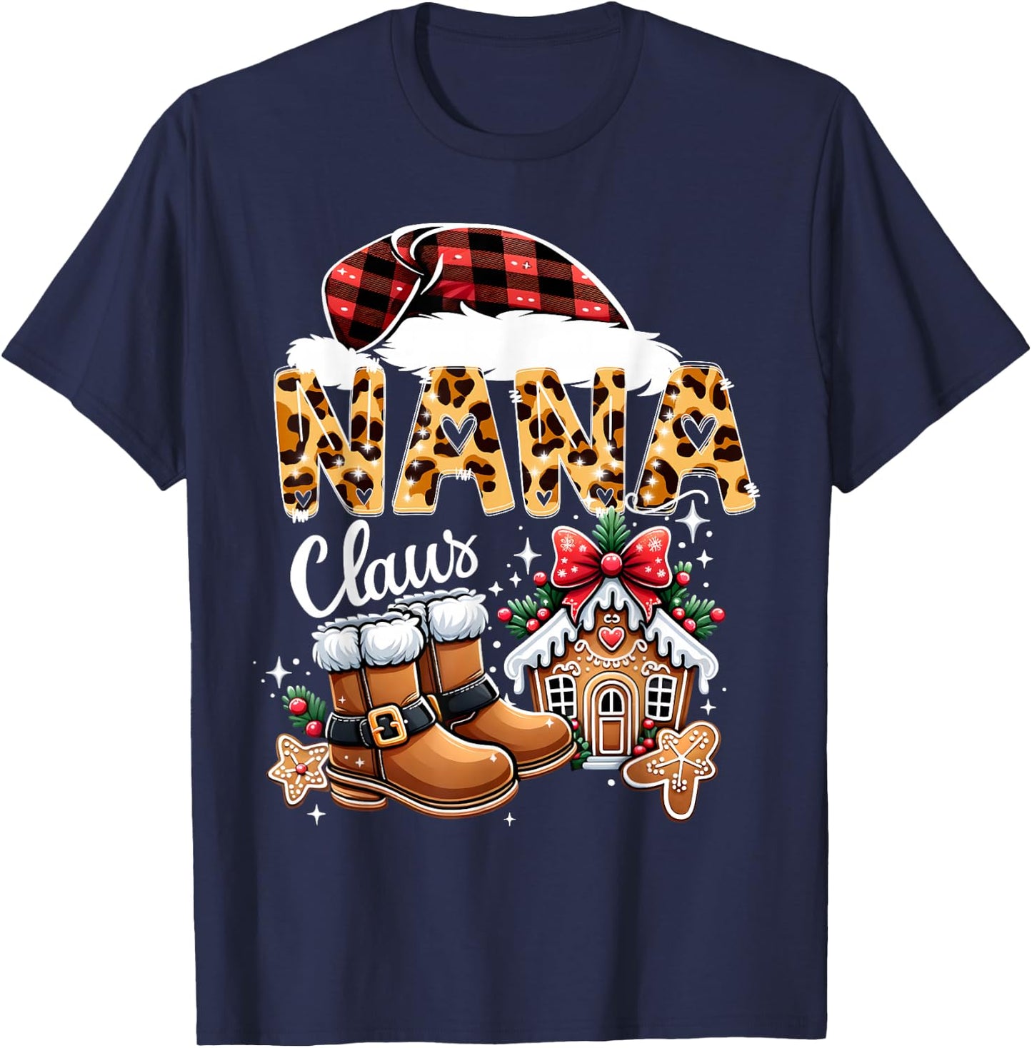 Christmas Nana Claus Grandma Leopard Buffalo Plaid Pjs Xmas T-Shirt - T-Shirt | Navy