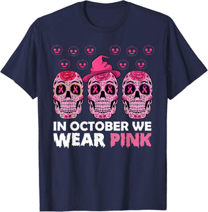 In October We Wear Pink Breast Cancer Awareness Sugar Skull T-Shirt - T-Shirt | Navy