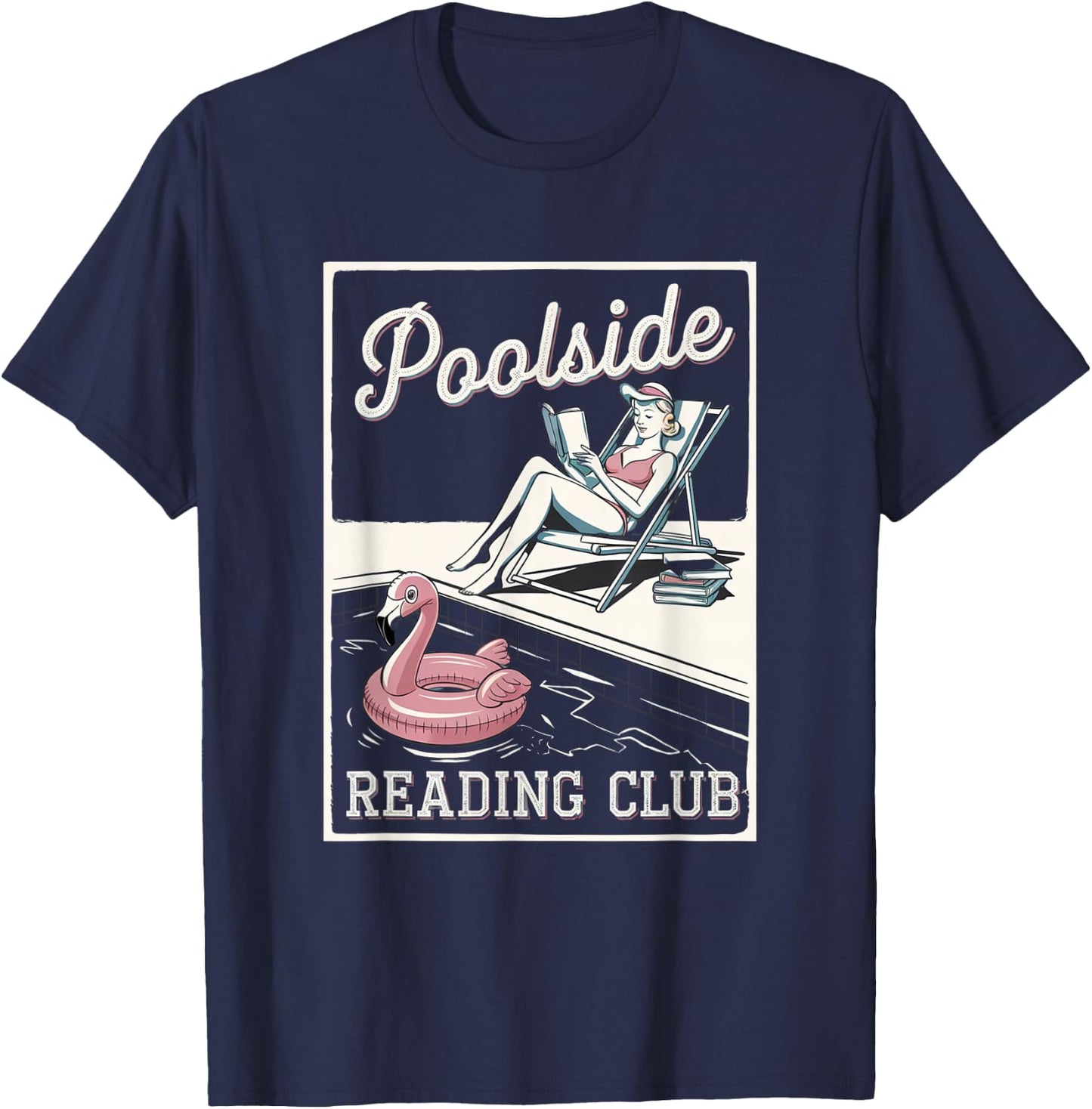 Poolside Reading Club Books Flamingo Swim Pool Inflatable T-Shirt - T-Shirt | Navy