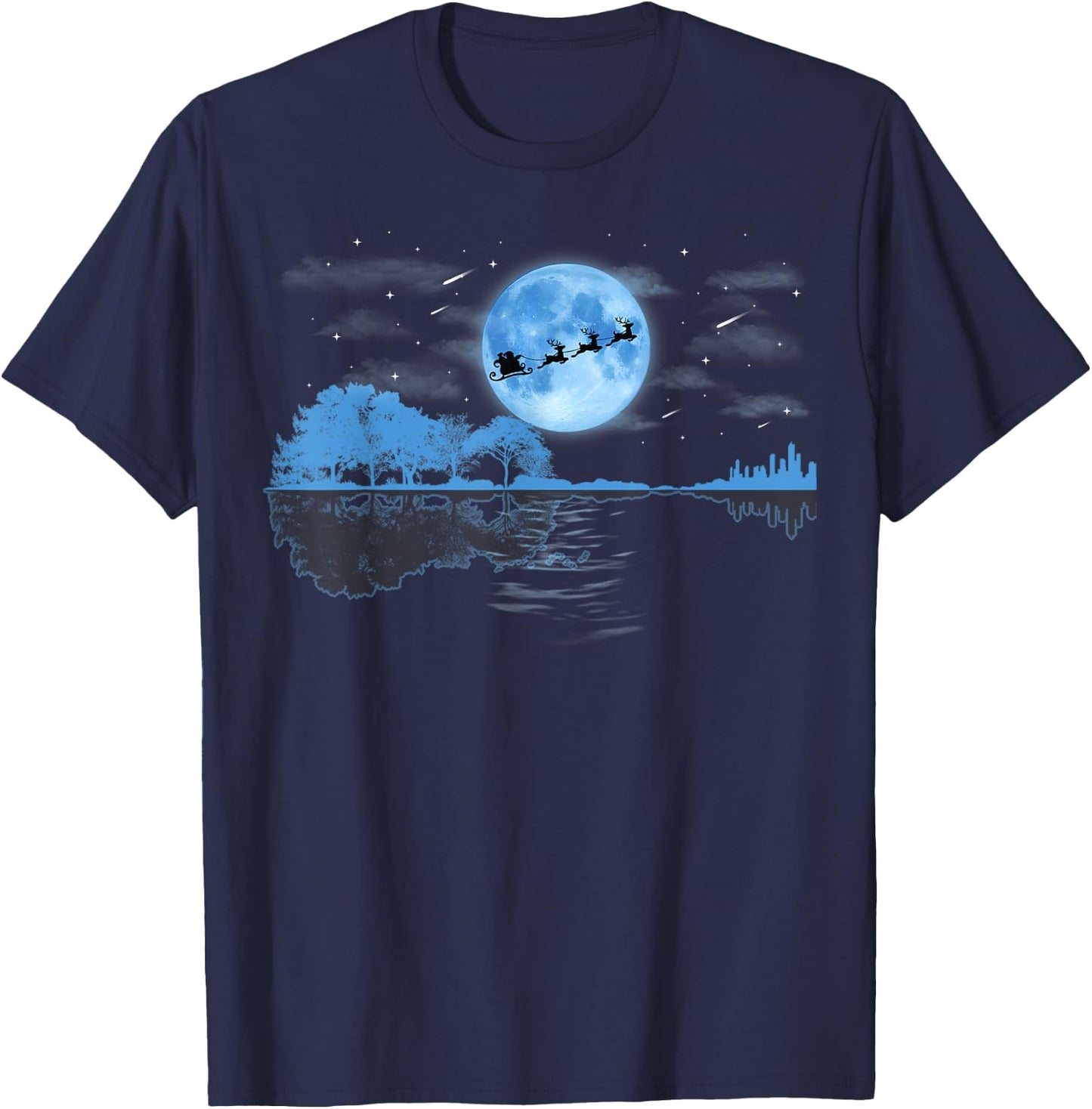 Christmas Guitar Lake Reflection Santa Claus Musician Guitar T-Shirt - T-Shirt | Navy