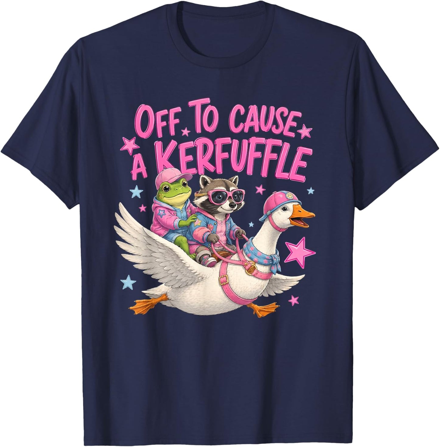 Off to Cause A Kerfuffle Frog Raccoon Riding Goose T-Shirt - T-Shirt | Navy