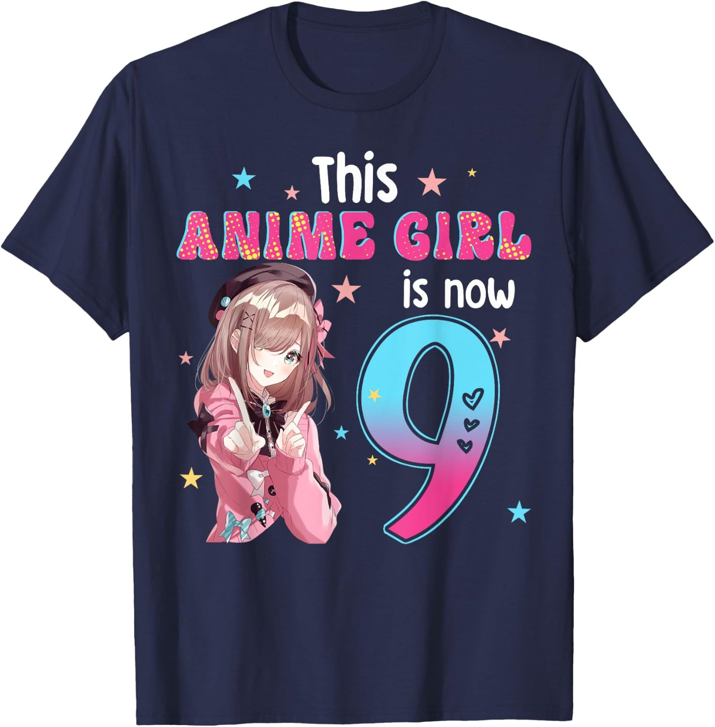 9 Years Old Girl Kawaii Gifts Anime Girl 9th Birthday Kids , black, s T-Shirt - T-Shirt | Navy