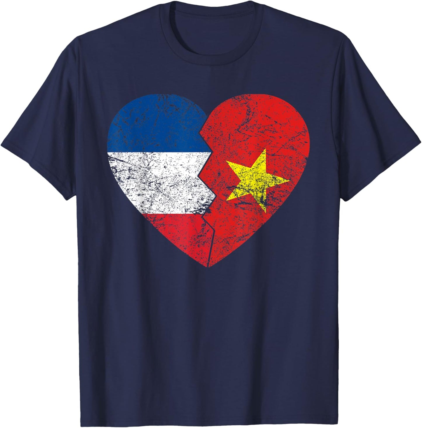 Vietnamese Flag Heart | France Vietnam Roots Vintage , Black, S T-Shirt - T-Shirt | Navy