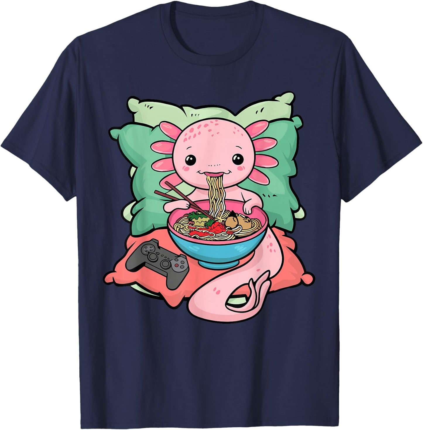 Axolotl Ramen Eating Gamer Axolotl T-Shirt - T-Shirt | Navy