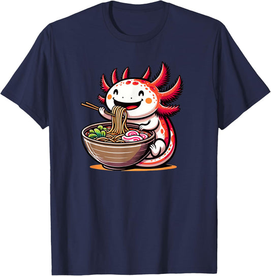 Kawaii Axolotl Eating Ramen Noodles Anime Kids Girls Teens T-Shirt - T-Shirt | Navy