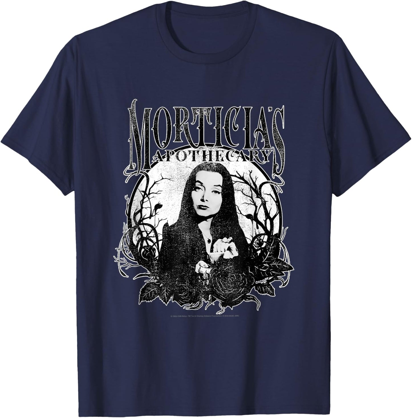 The Addams Family Morticia's Apothecary Dark Gothic Floral , Black, S T-Shirt - T-Shirt | Navy