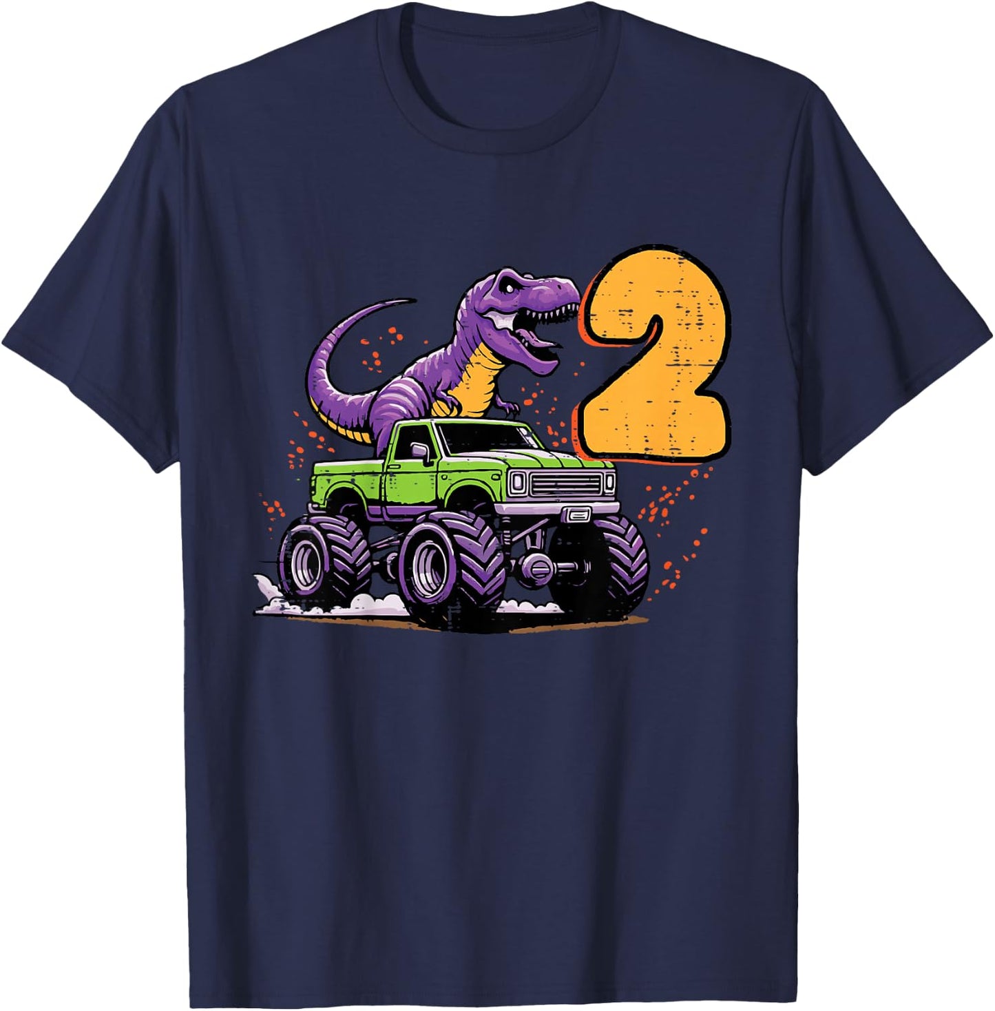 Kids 2nd Birthday Dino On Monster Truck 2 Year Old Trex Boys Kids T-Shirt - T-Shirt | Navy