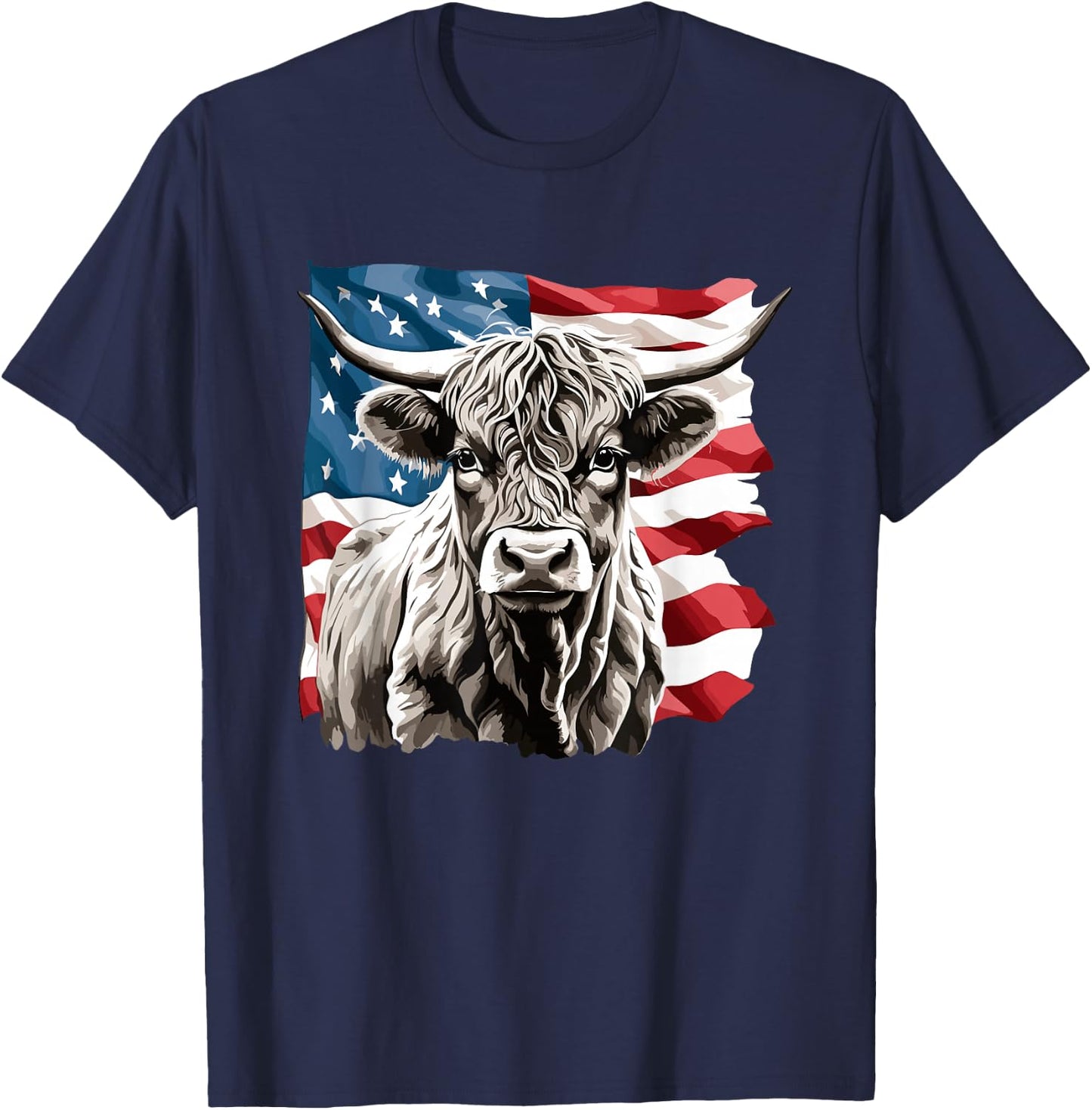 Cow USA FLag Cute Highland Cow Lover Farmer Cow Owner T-Shirt - T-Shirt | Navy