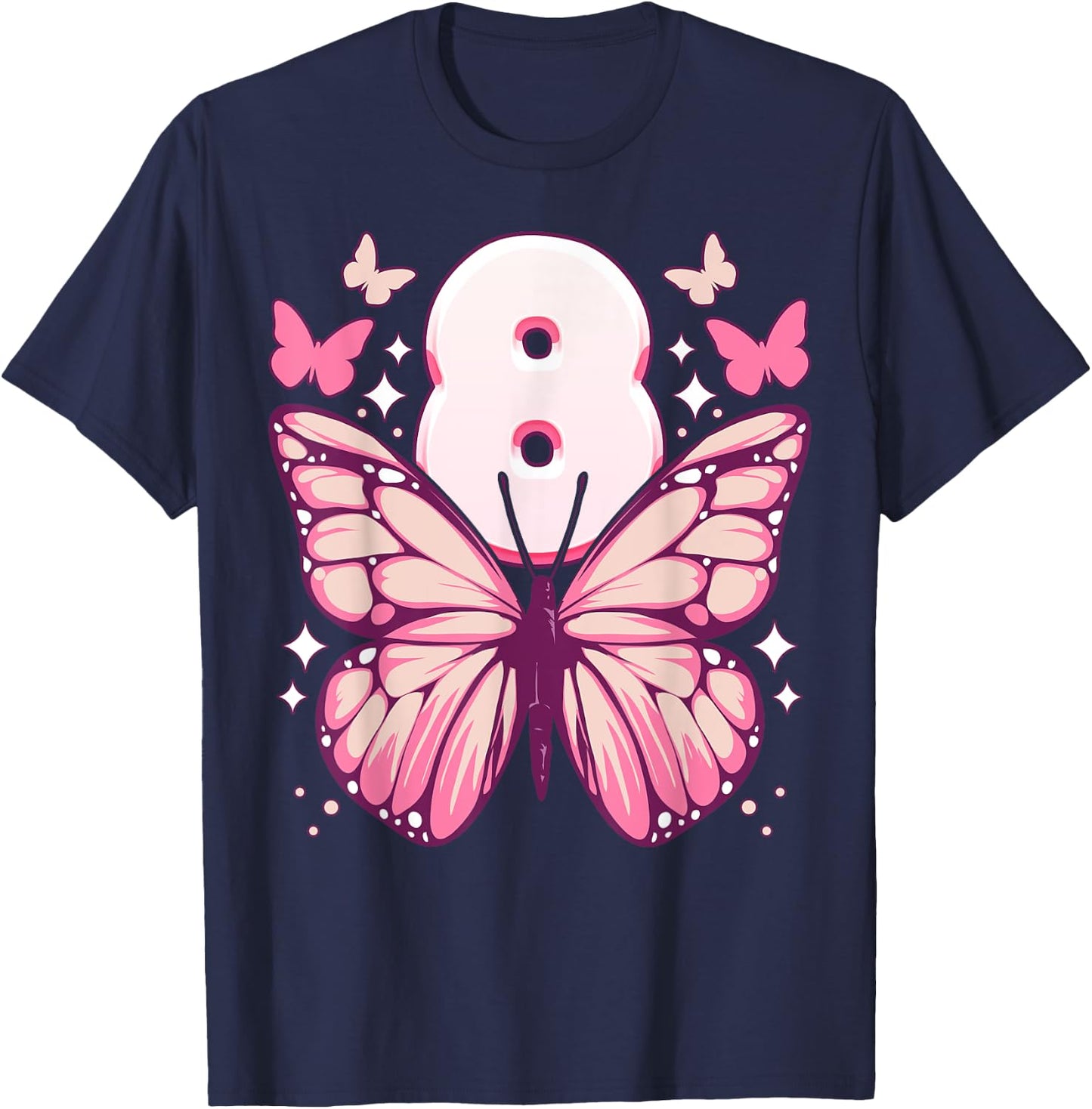 Geburtstag Mädchen 8 Jahre, Schmetterlinge und Nummer 8 T-Shirt - T-Shirt | Navy