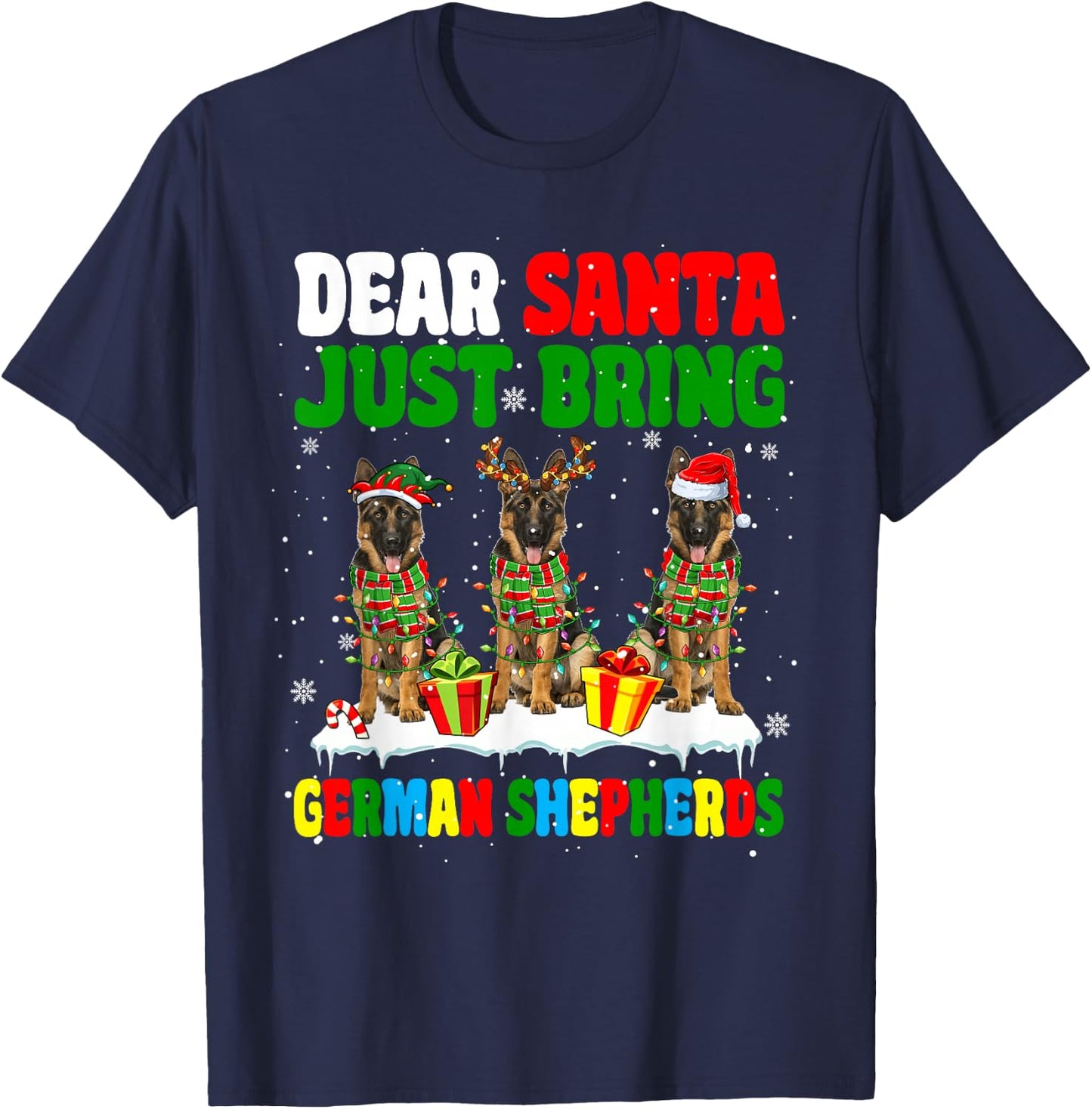 Just Bring German Shepherds Xmas Three Santa Reindeer Dogs T-Shirt - T-Shirt | Navy