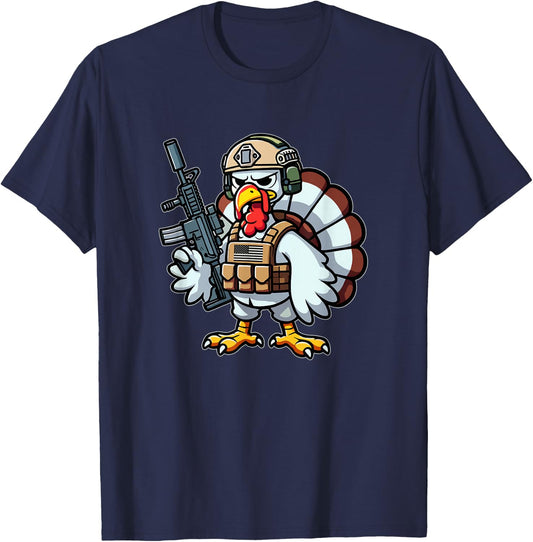 Nate's SOF- 's Funny Thanksgiving Tactical Turkey Veteran -Adults - Black, Small, Short Sleeve T-Shirt - T-Shirt | Navy