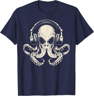 Octopus Musician Headphone Music Lover Octopus Kraken Ocean T-Shirt - T-Shirt | Navy