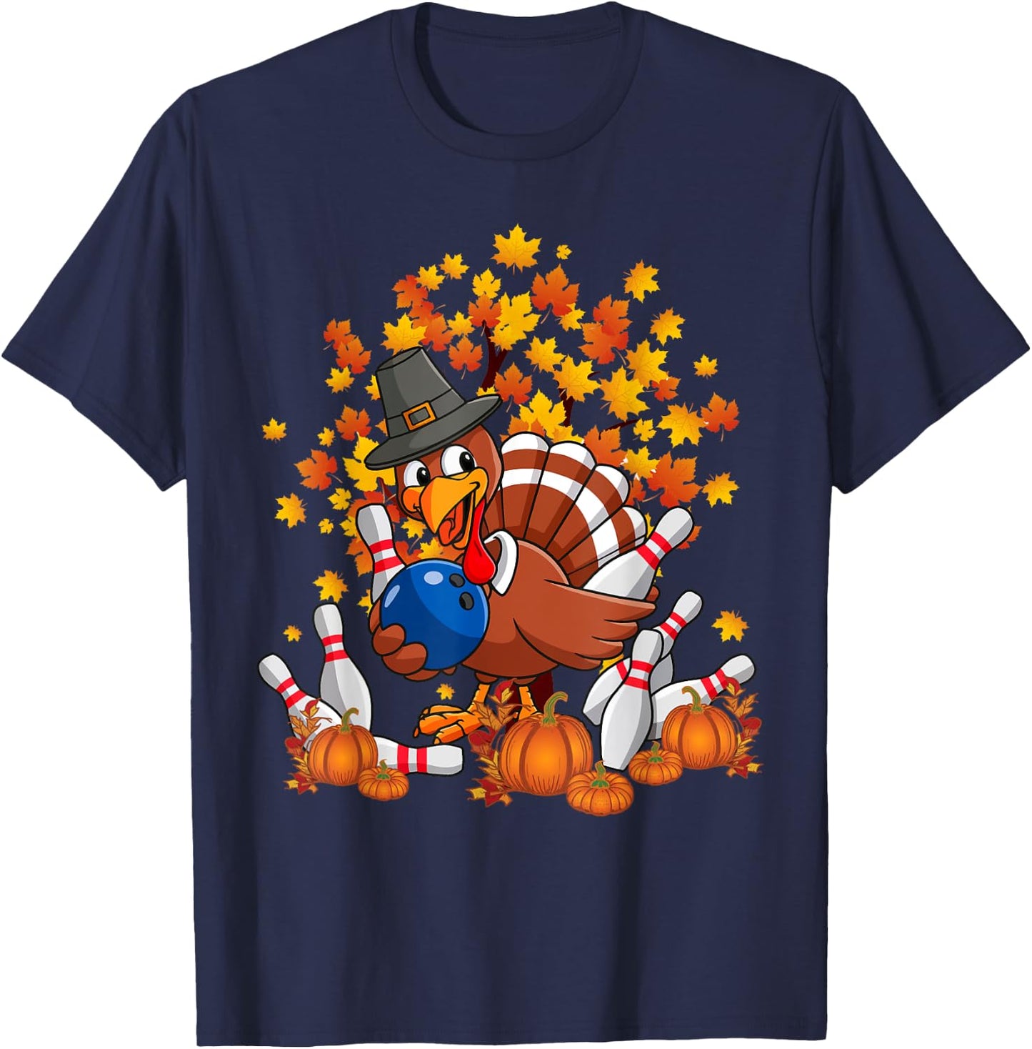 Funny Turkey Autumn Fall Thanksgiving Bowling Lovers T-Shirt - T-Shirt | Navy