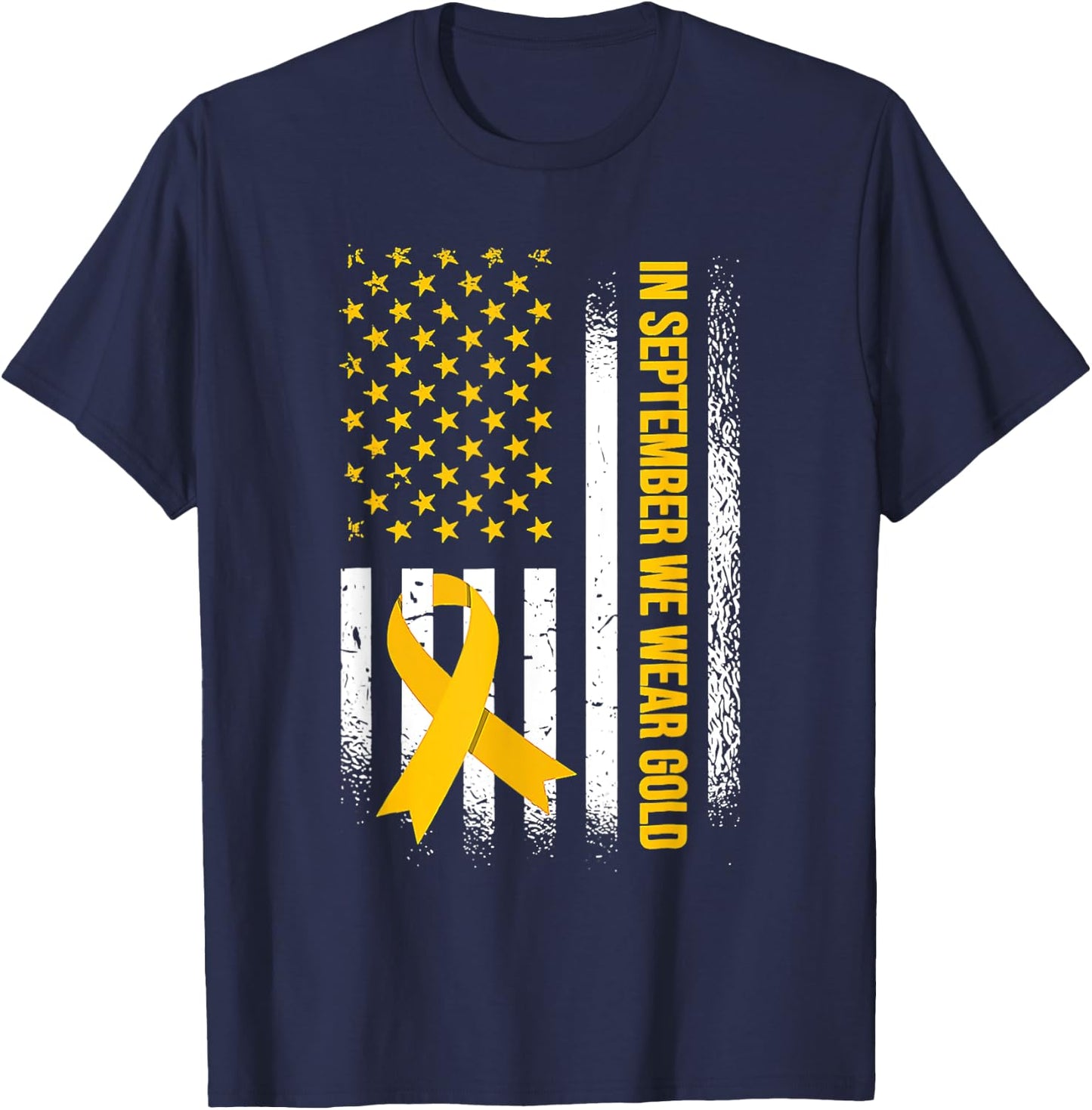 US Flag In September We Wear Gold Childhood Cancer Awareness T-Shirt - T-Shirt | Navy