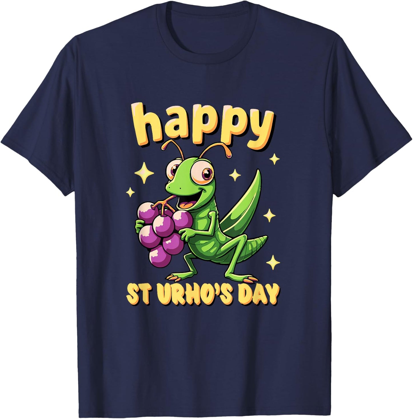 St Urhos Day Grasshopper Grapes Vineyard Cartoon Style T-Shirt - T-Shirt | Navy