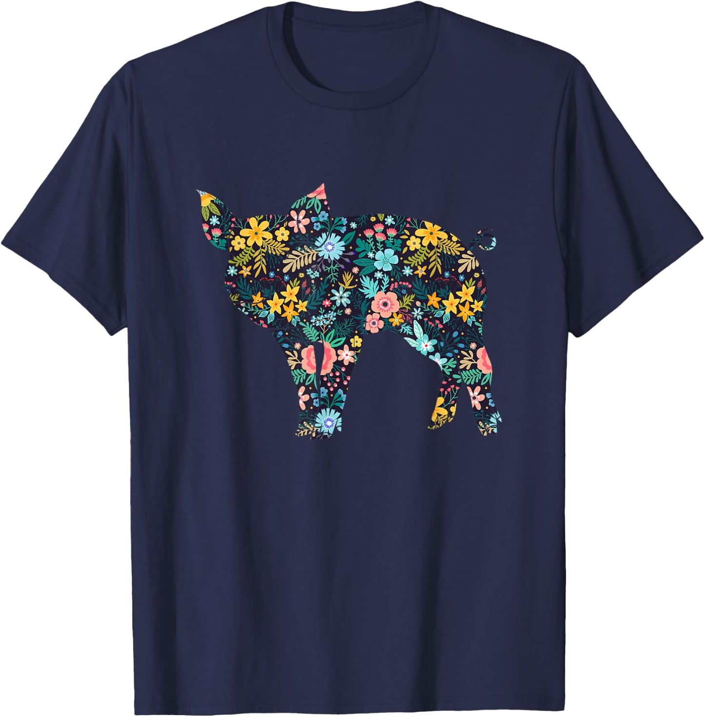 Floral Piglet Silhouette Girls Graphic Pig T-Shirt - T-Shirt | Navy