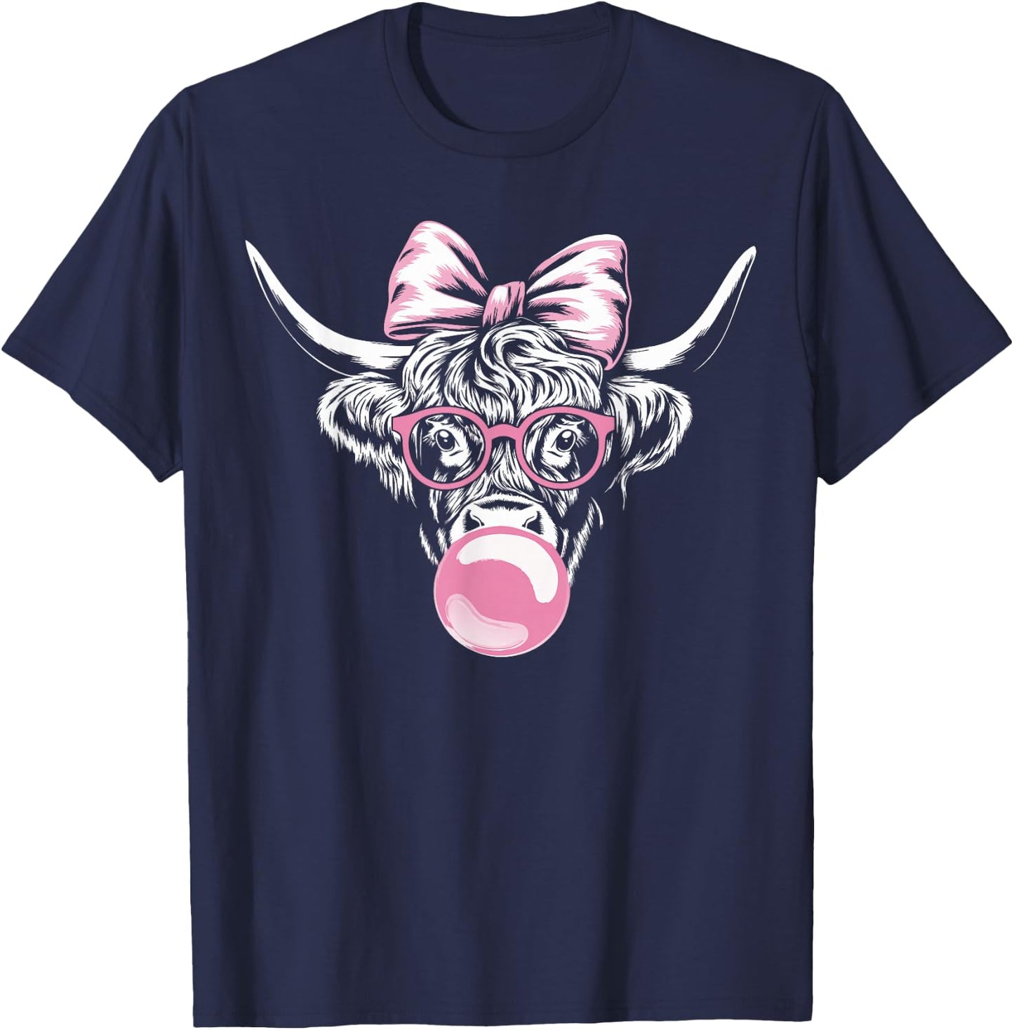 Highland Cow Wearing Glasses and Blowing Pink Bubble Gum T-Shirt - T-Shirt | Navy