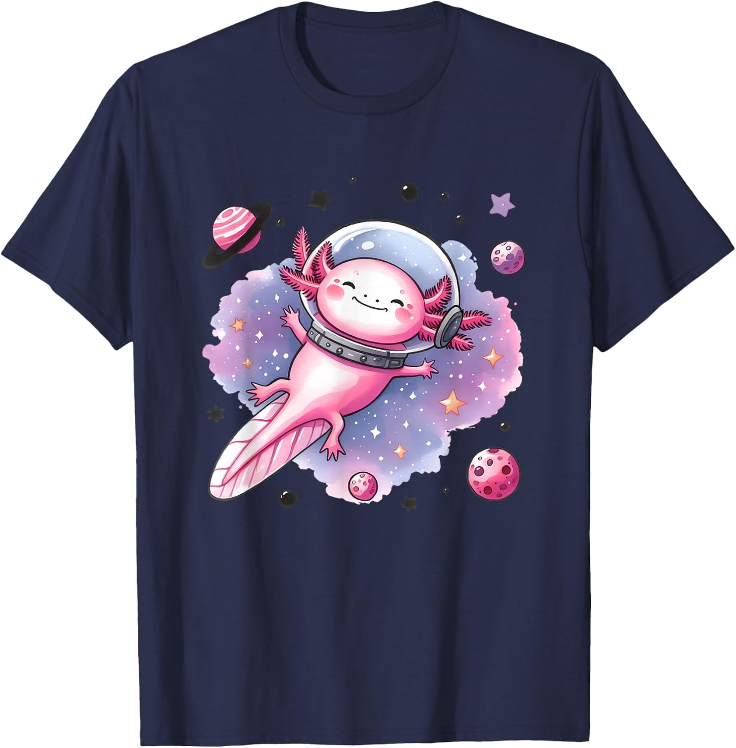 Space Axolotl Cosmic Journey Stars Planets T-Shirt - T-Shirt | Navy