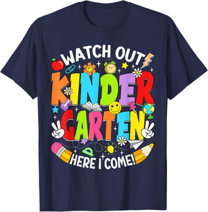 Watch Out Kindergarten Here I Come Back to School Boys Girls T-Shirt - T-Shirt | Navy