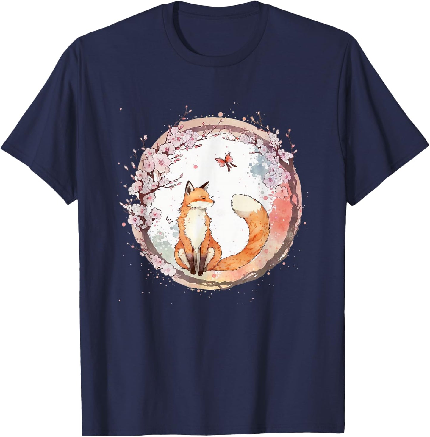 Kawaii Japanese Fox Butterfly Cherry Blossom , black T-Shirt - T-Shirt | Navy