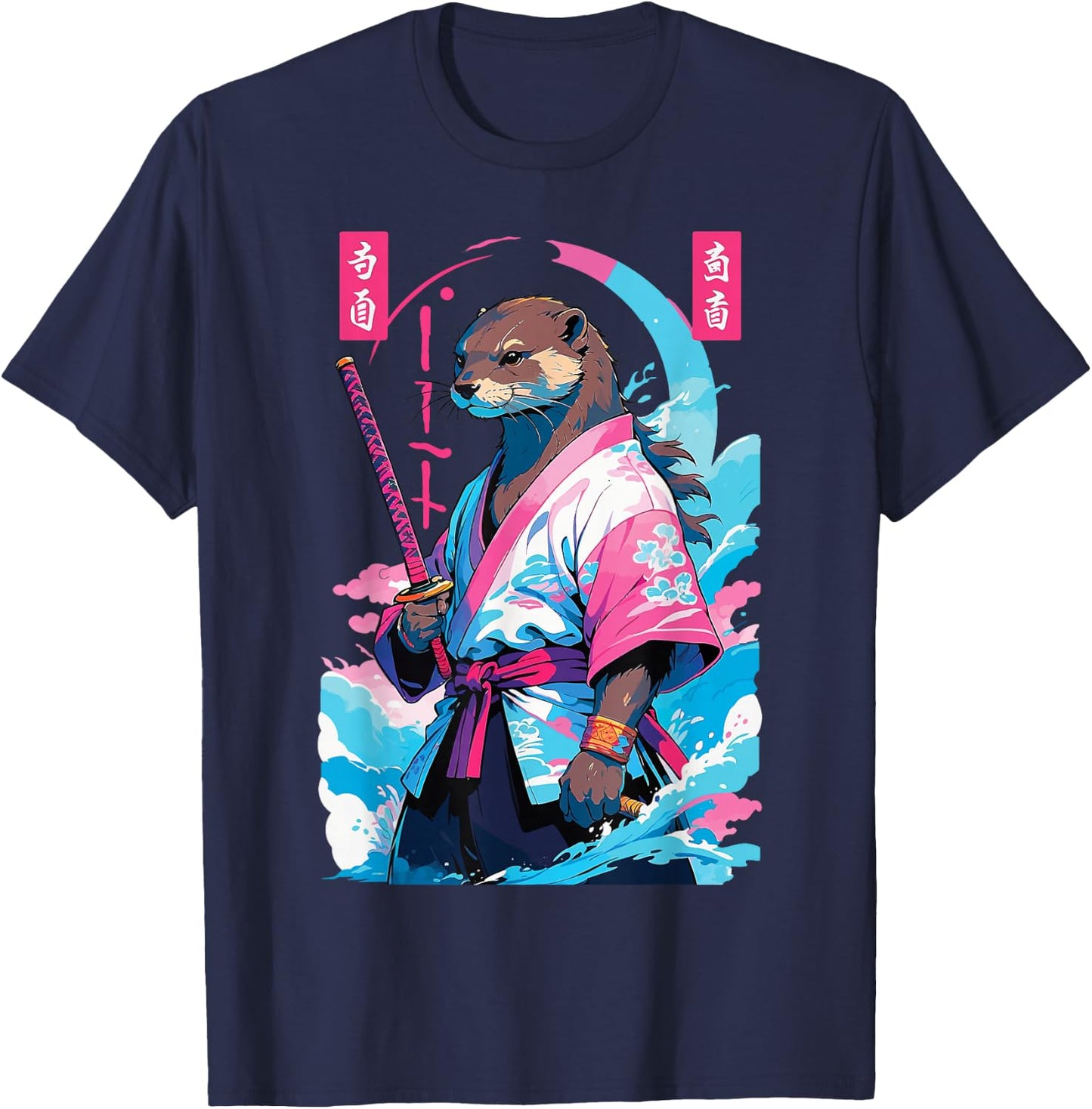 Samurai Otter in Aesthetic Vaporwave Style T-Shirt - T-Shirt | Navy