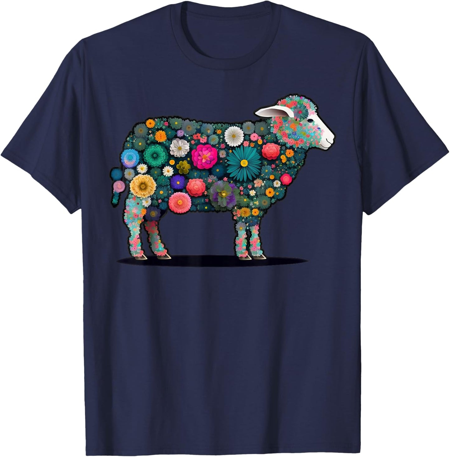 Cute Flower Sheep on summer Floral Sheep T-Shirt - T-Shirt | Navy