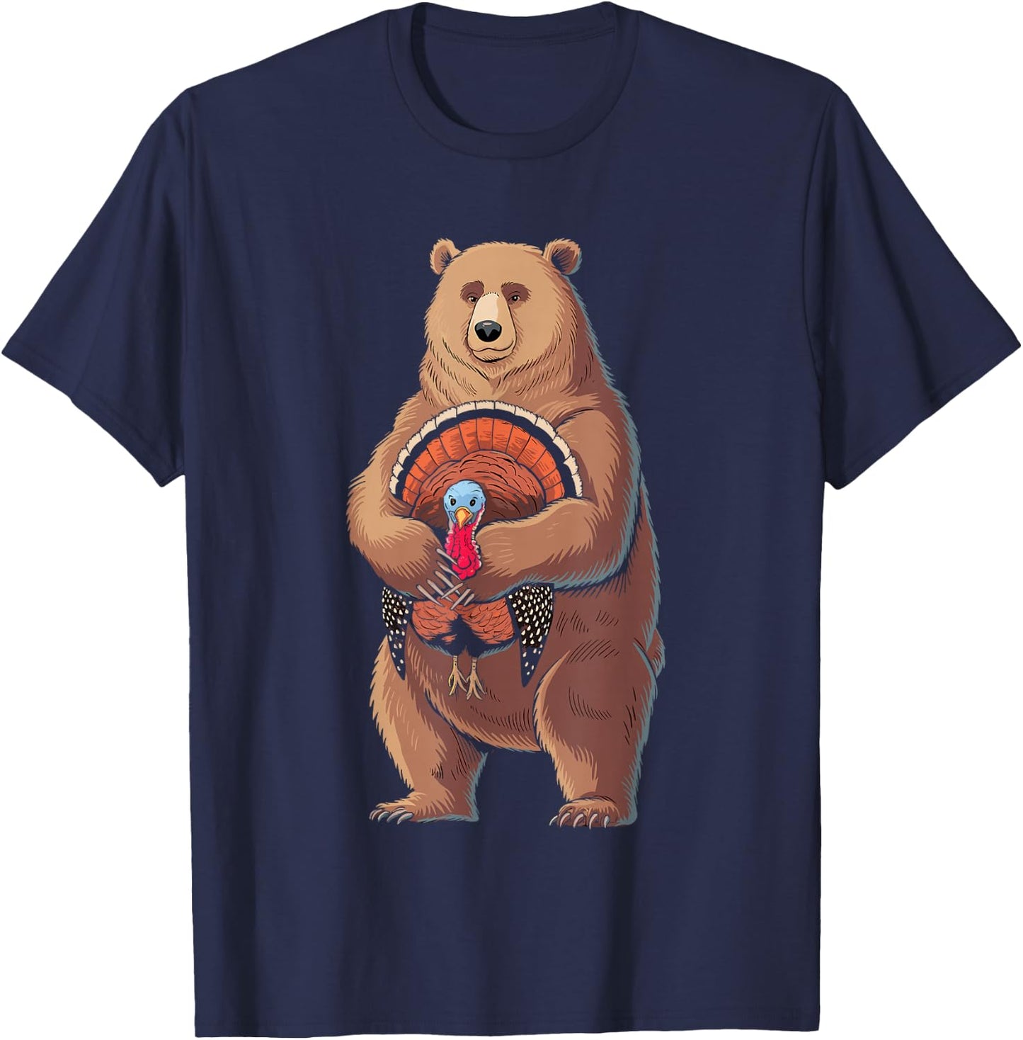 Funny Thanksgiving Bear Hugging A Turkey T-Shirt - T-Shirt | Navy