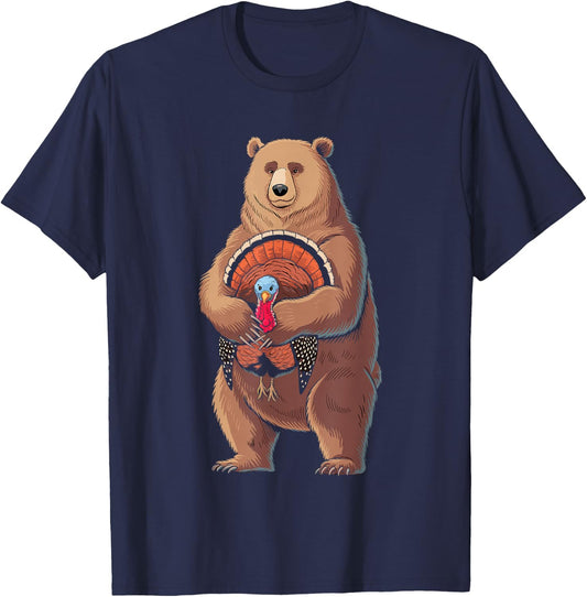 Funny Thanksgiving Bear Hugging A Turkey T-Shirt - T-Shirt | Navy