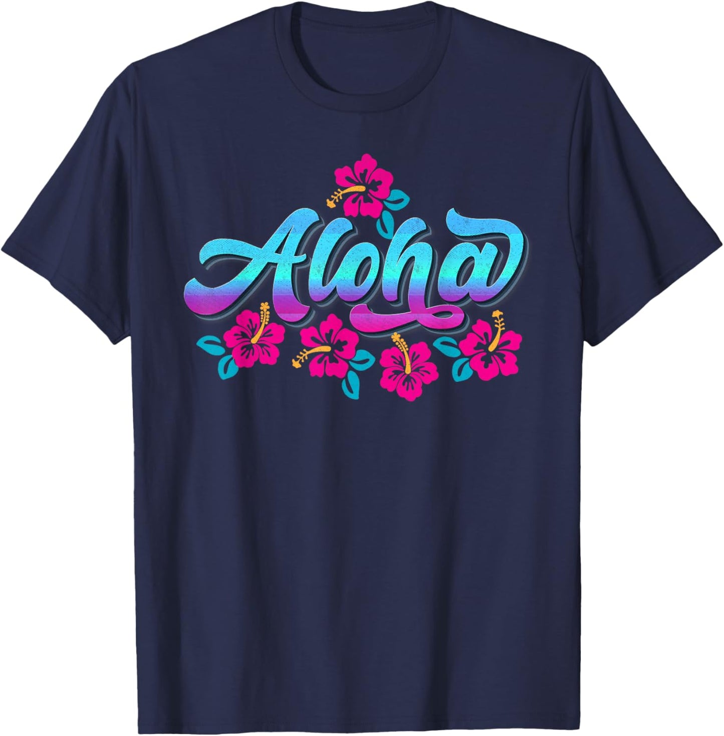 Aloha Retro Hibiscus Flowers Hawaiian Islands Hawaii Surfer , Black, S T-Shirt - T-Shirt | Navy