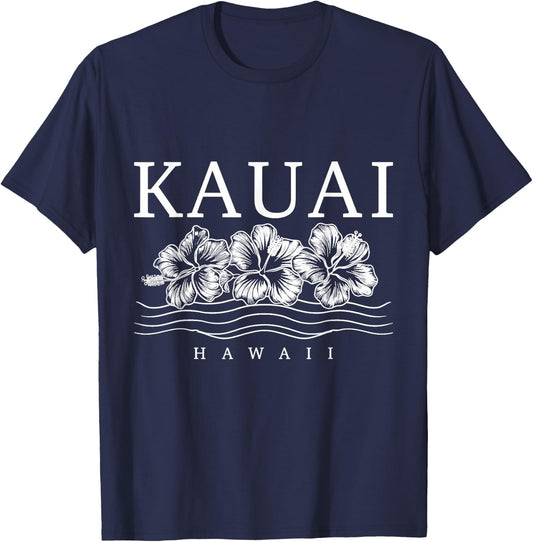 Kauai Hawaii Hawaiian Hibiscus Flowers Surfer Souvenir T-Shirt - T-Shirt | Navy