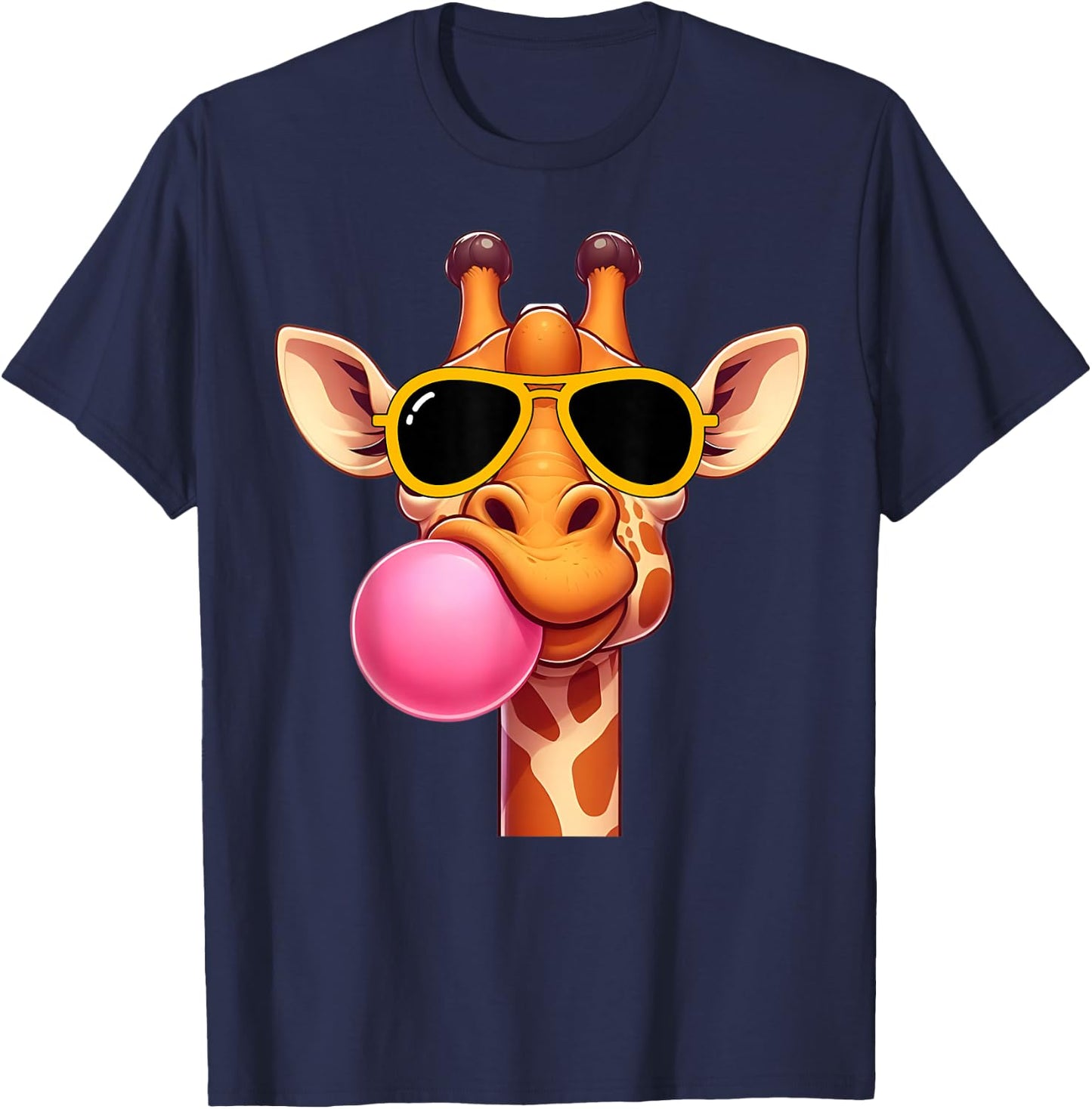 Giraffe cute Giraffe with pink Bubble Gum and Sunglasses T-Shirt - T-Shirt | Navy