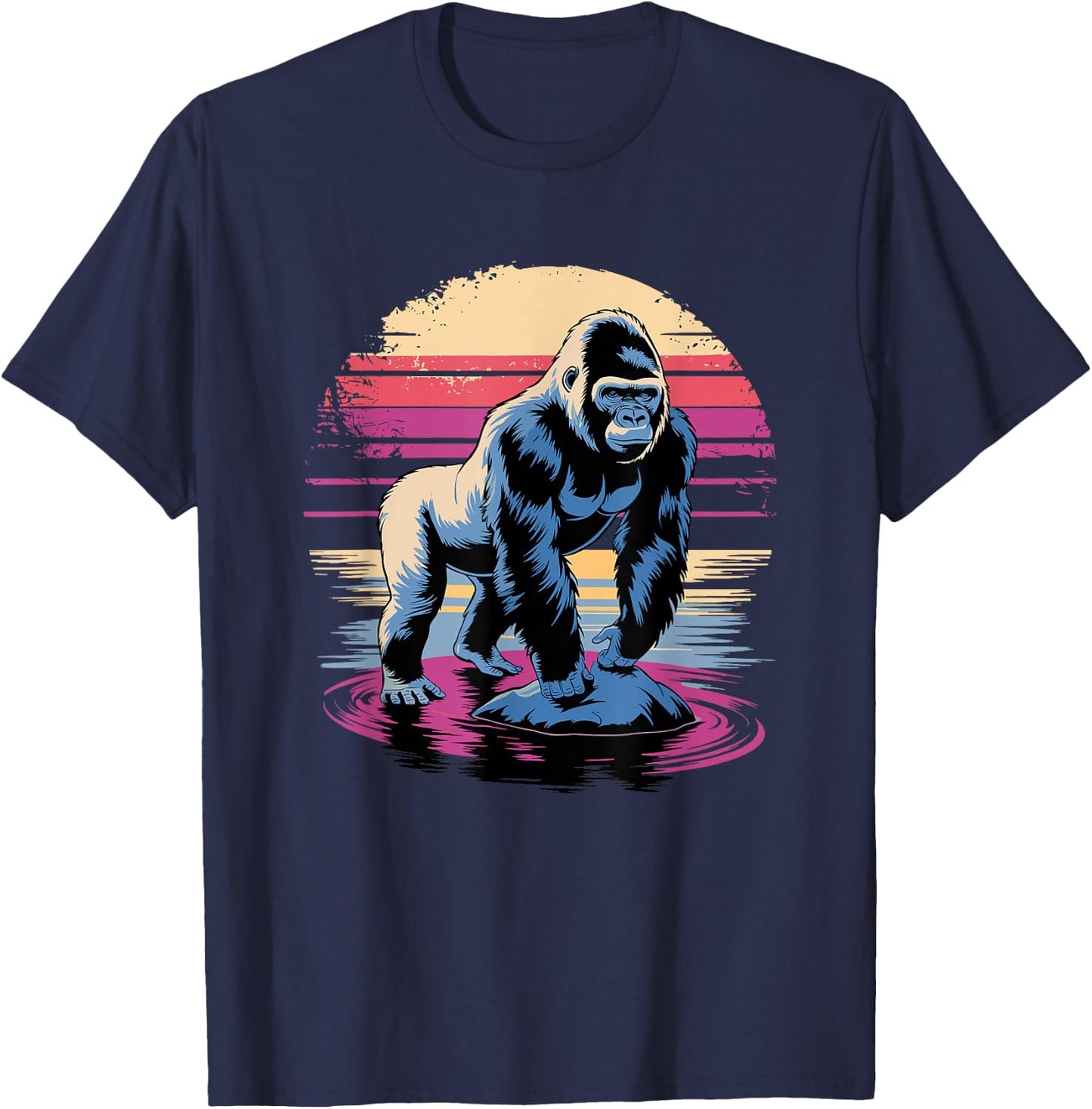 Retro Sunset Gorilla Silver Gorillas , Black, S T-Shirt - T-Shirt | Navy