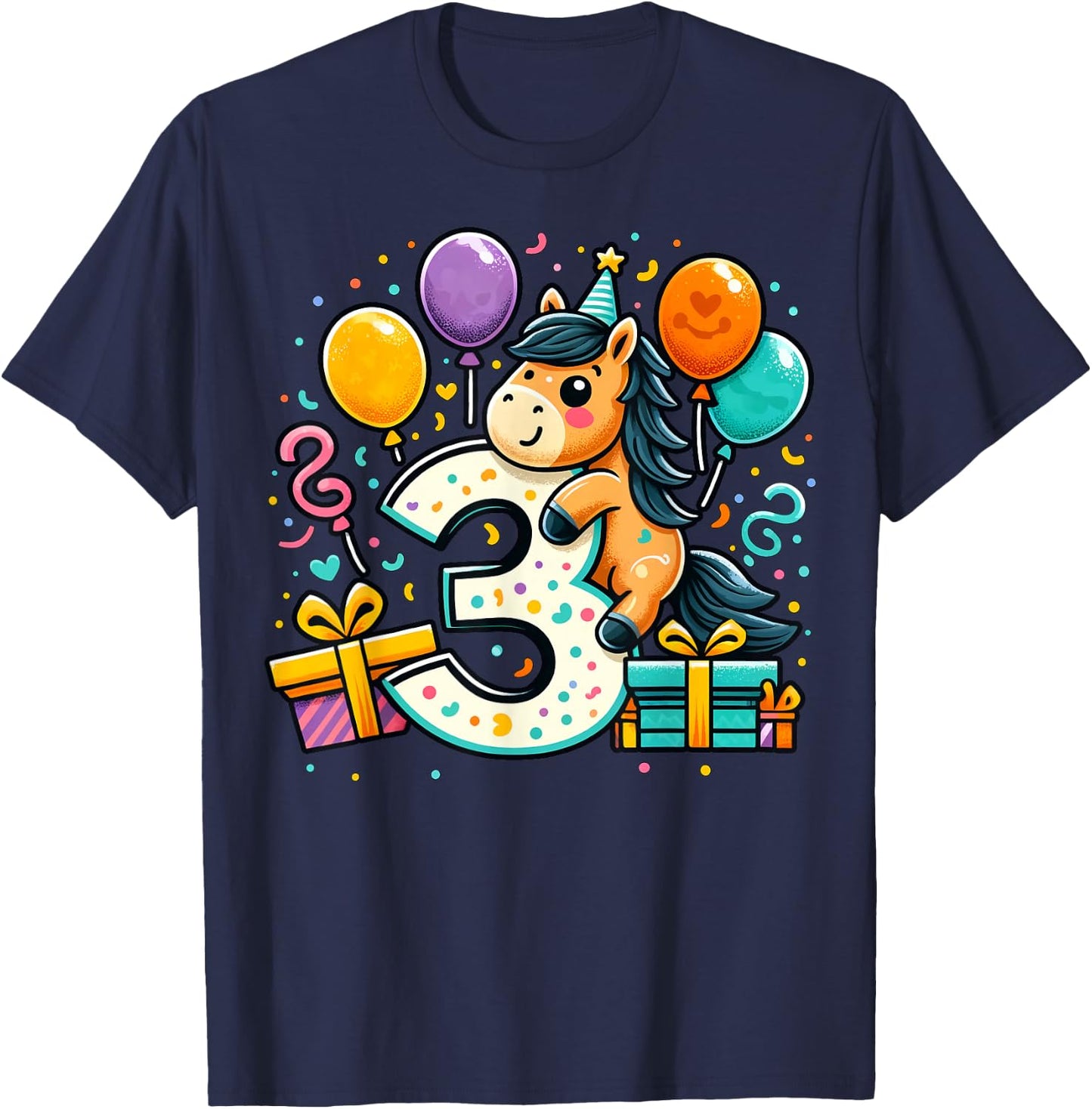 Horse 3rd Birthday Boy Girl 3 Years Old Third Three Horse , black T-Shirt - T-Shirt | Navy